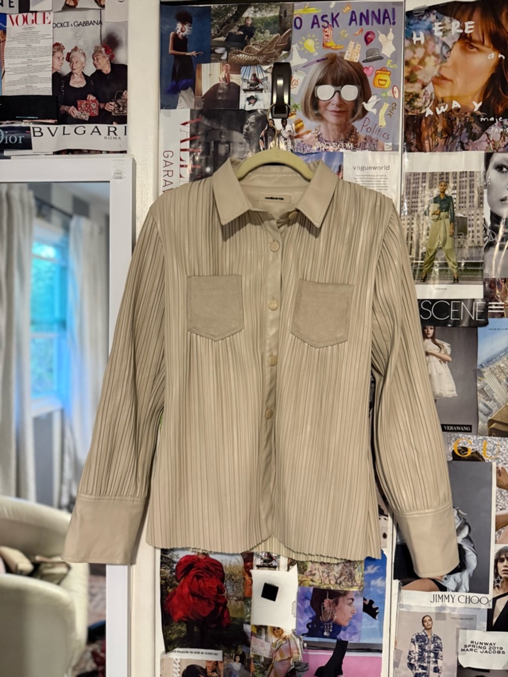 Maniere De Voir Cream Pleated Faux Leather Shirt